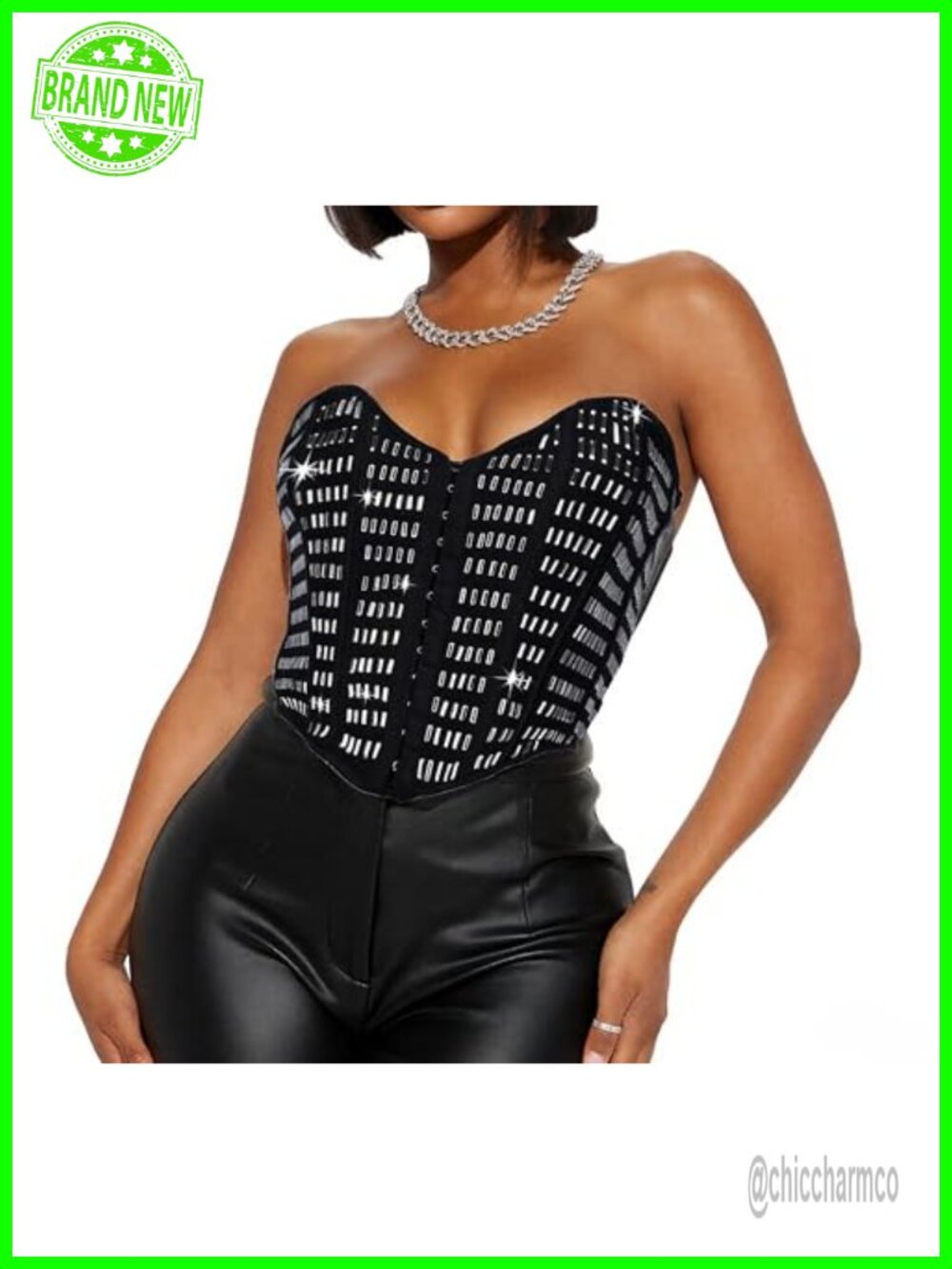 Rhinestone Corset Top Sequin Bustier Lace Up Back Club Party Crop
